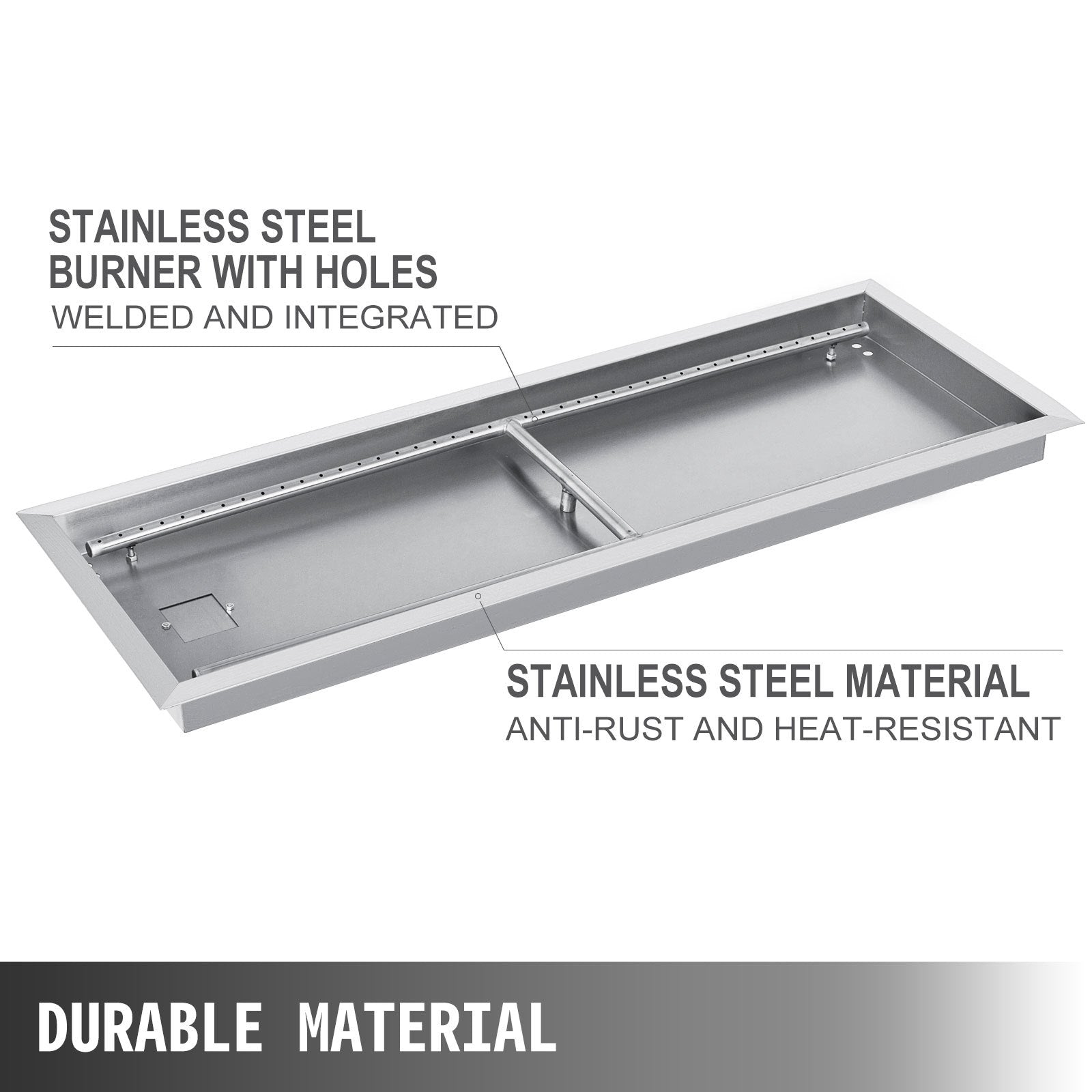 VEVOR Fire Pit Pan Stainless Steel Rectangular Fire Pit Pan and Burner 37.5x14 Inch, Built-in Fire Pit Pan Both for Propane Gas & Natural Gas Suitable for Indoor & Outdoor Use, 150K BTU