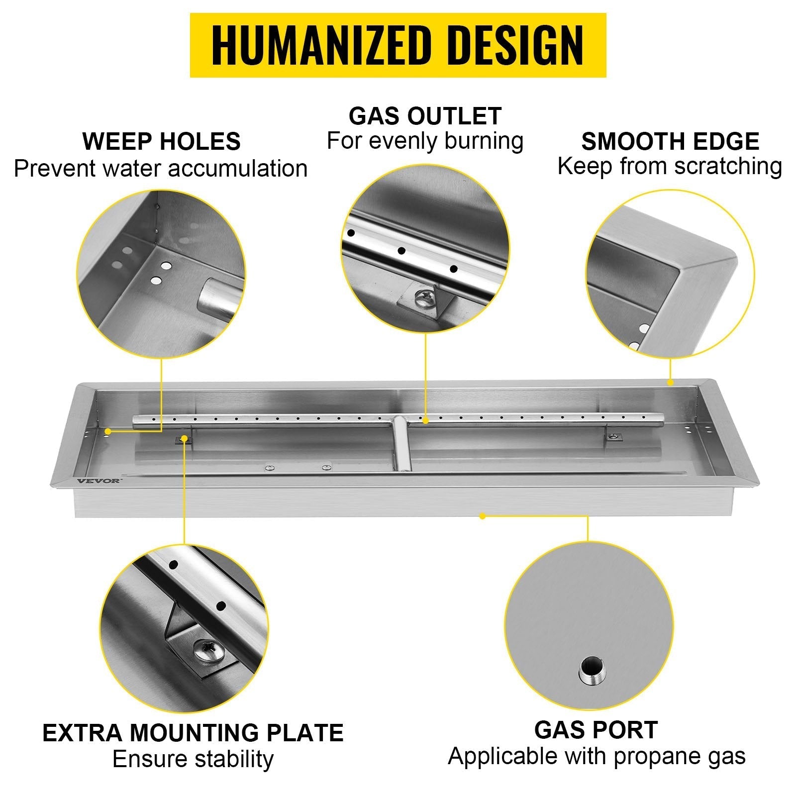 VEVOR Fire Pit Pan Stainless Steel Rectangular Fire Pit Pan and Burner 37.5x14 Inch, Built-in Fire Pit Pan Both for Propane Gas & Natural Gas Suitable for Indoor & Outdoor Use, 150K BTU