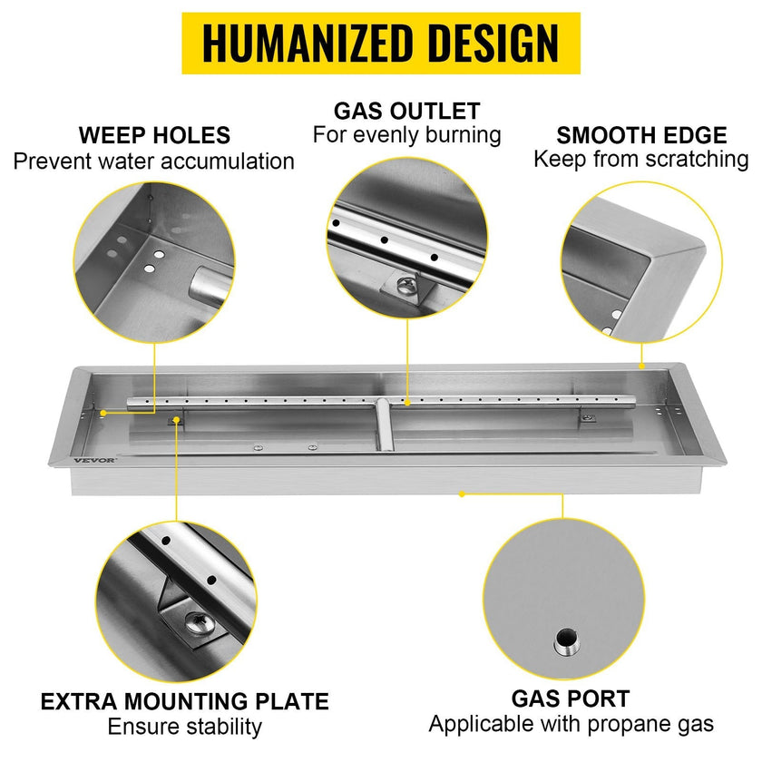 VEVOR Fire Pit Pan Stainless Steel Rectangular Fire Pit Pan and Burner 37.5x14 Inch, Built-in Fire Pit Pan Both for Propane Gas & Natural Gas Suitable for Indoor & Outdoor Use, 150K BTU