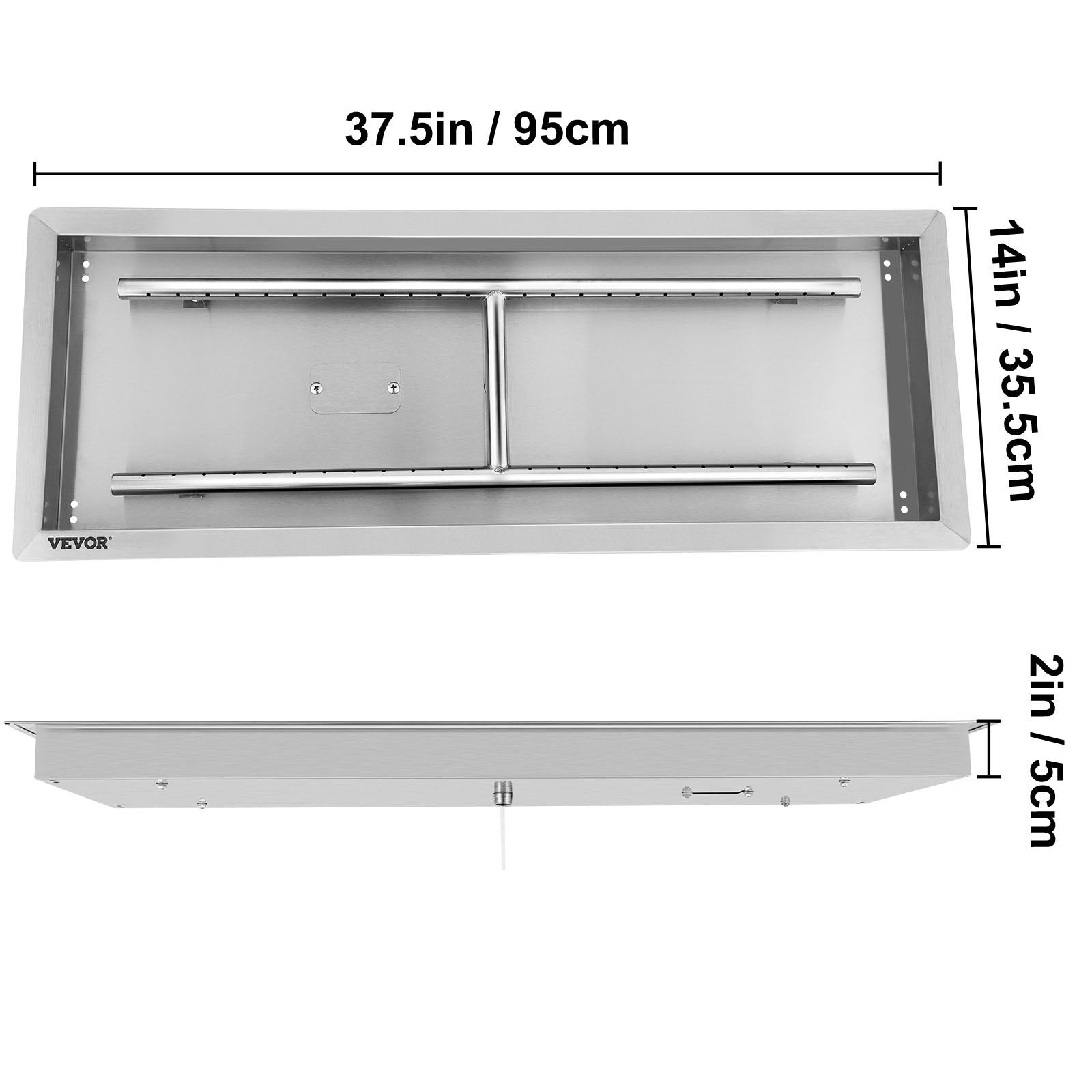 VEVOR Fire Pit Pan Stainless Steel Rectangular Fire Pit Pan and Burner 37.5x14 Inch, Built-in Fire Pit Pan Both for Propane Gas & Natural Gas Suitable for Indoor & Outdoor Use, 150K BTU
