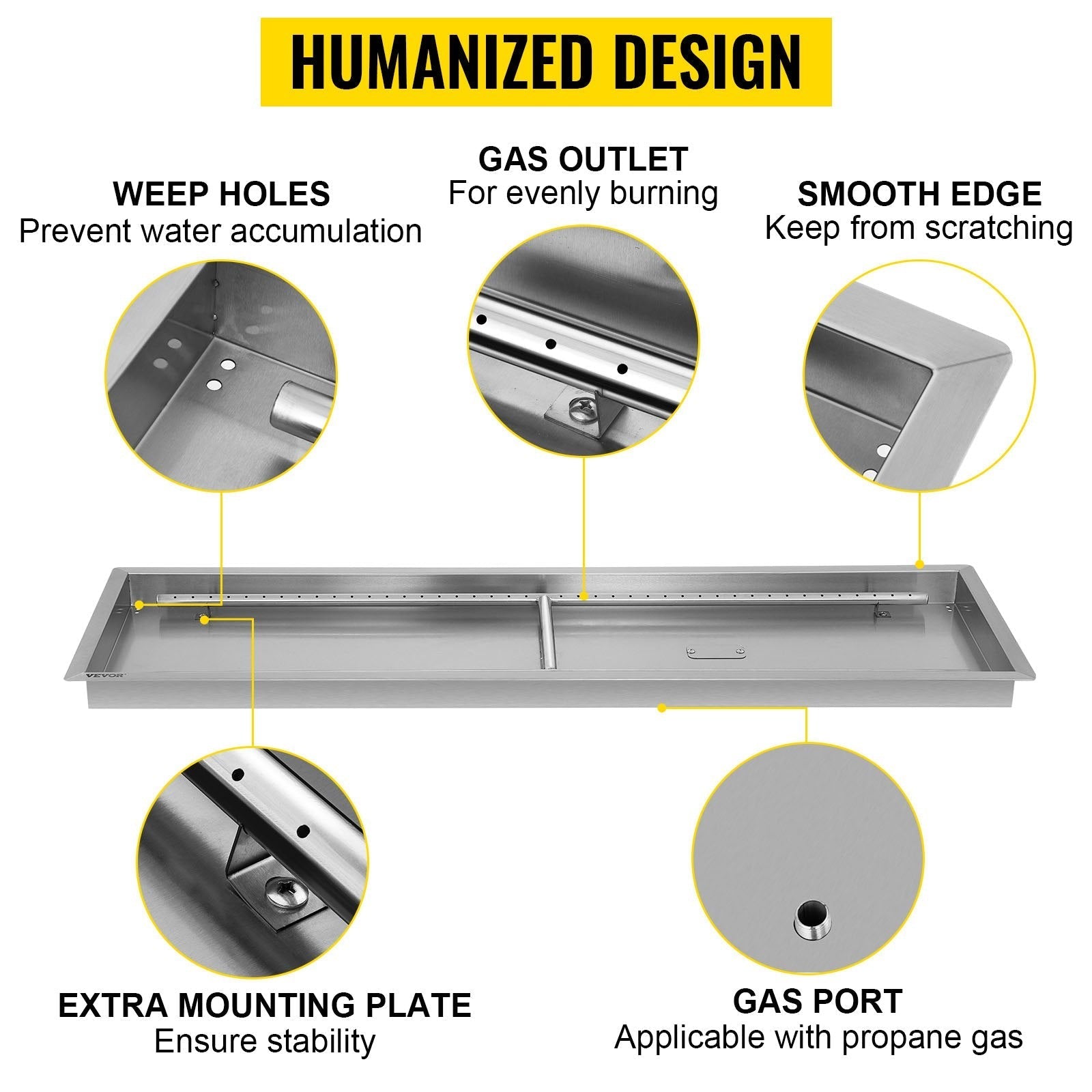 VEVOR Fire Pit Pan,Stainless Steel Linear Trough Fire Pit Pan and Burner,Built-in Fire Pit Burner Pan for Propane Gas (49x16 Inch)