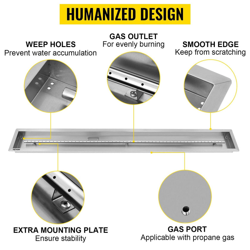 VEVOR Fire Pit Pan 61x8 Inch, Stainless Steel Linear Trough Fire Pit Pan and Burner, Built-in Fire Pit Burner Pan, 110K BTU