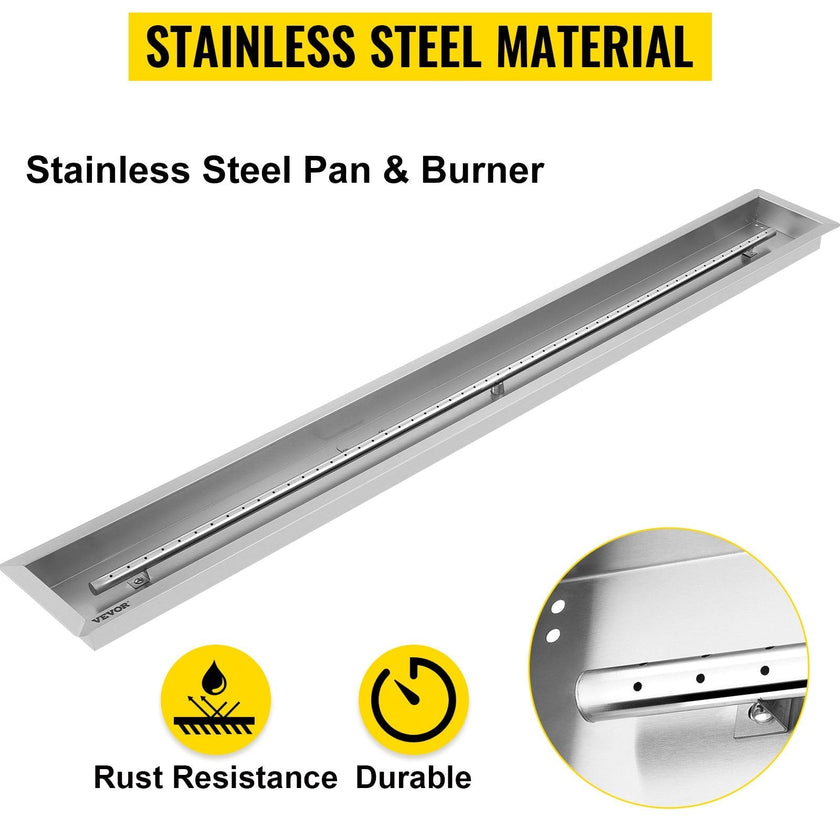 VEVOR Fire Pit Pan 61x8 Inch, Stainless Steel Linear Trough Fire Pit Pan and Burner, Built-in Fire Pit Burner Pan, 110K BTU