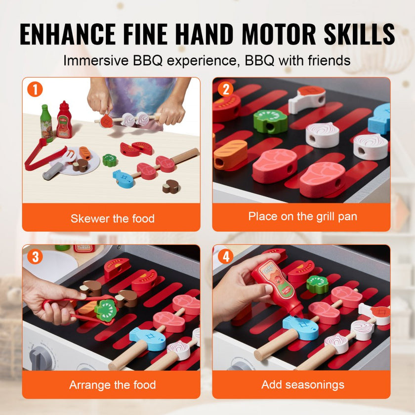 VEVOR 21 PCS Kids BBQ Grill Playset Wooden Cooking Grill Toy Set Pretend Sound