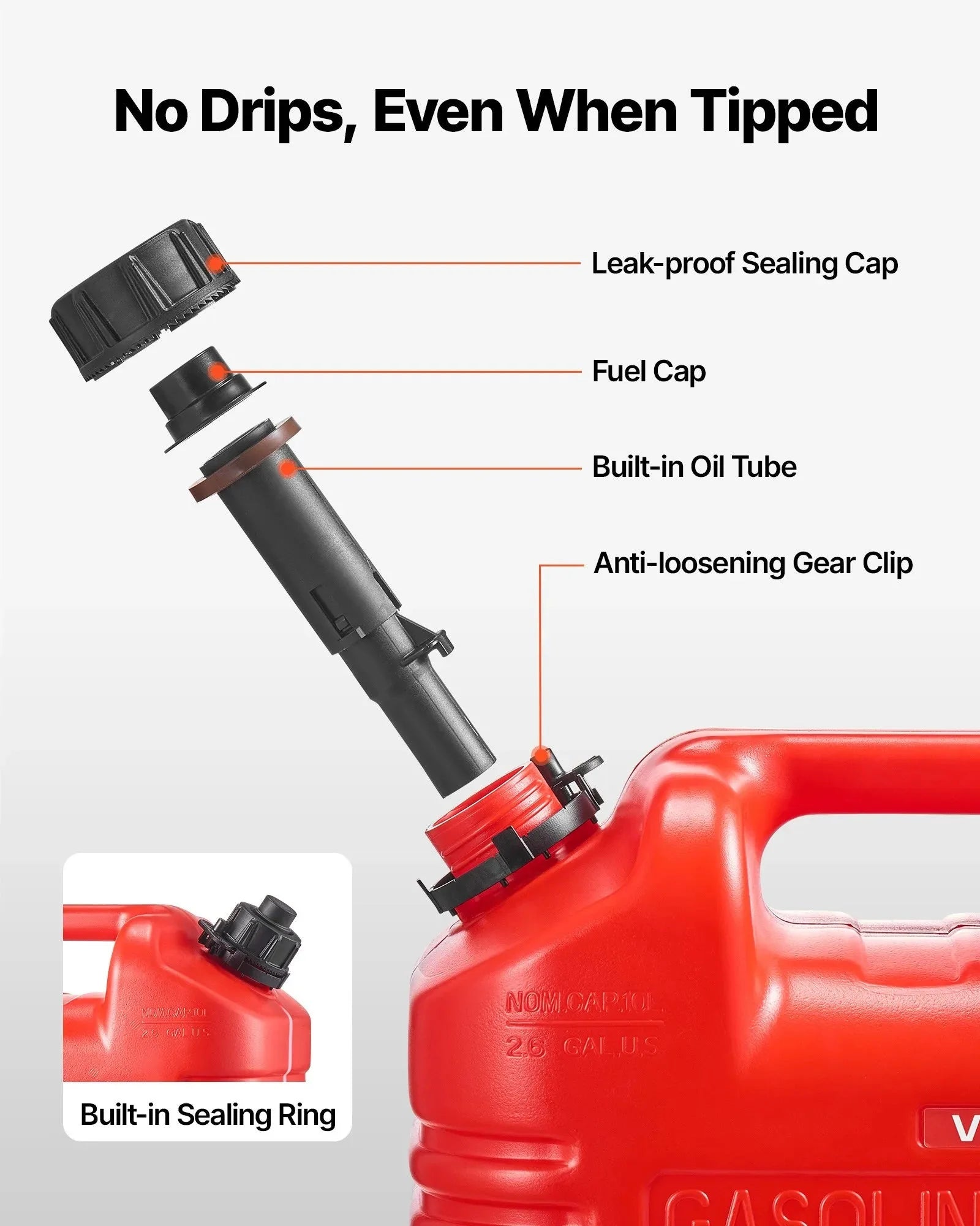 VEVOR Fuel Container, 2.5 Gallon, Gas Tank with Spout & Clear Scale, 15 L/min Max Flow Rate, Secure & Leak-proof, Portable Flat Fluid Container for Most Cars Motorcycle ATV UTV, Red, 1 Pack