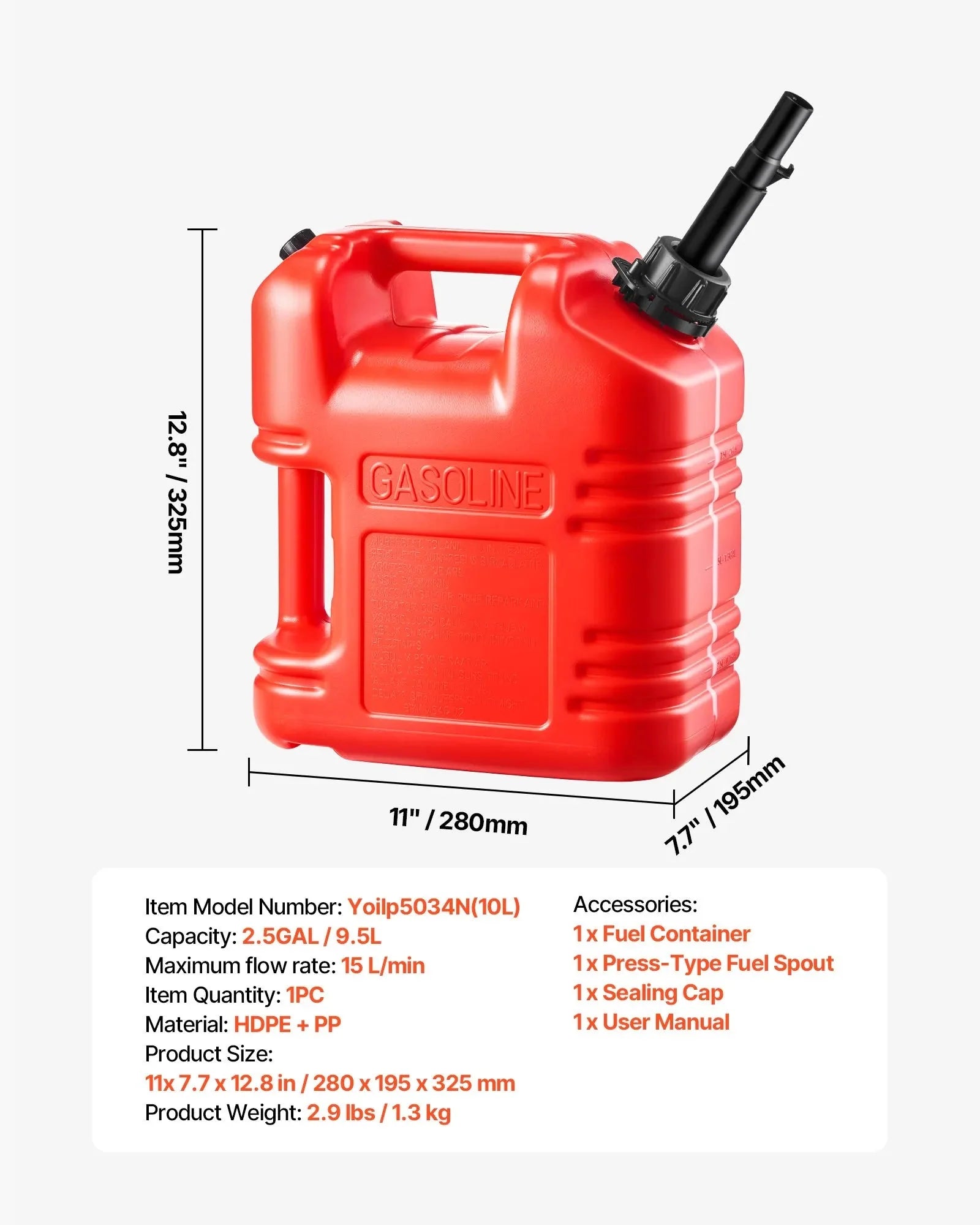 VEVOR Fuel Container, 2.5 Gallon, Gas Tank with Spout & Clear Scale, 15 L/min Max Flow Rate, Secure & Leak-proof, Portable Flat Fluid Container for Most Cars Motorcycle ATV UTV, Red, 1 Pack