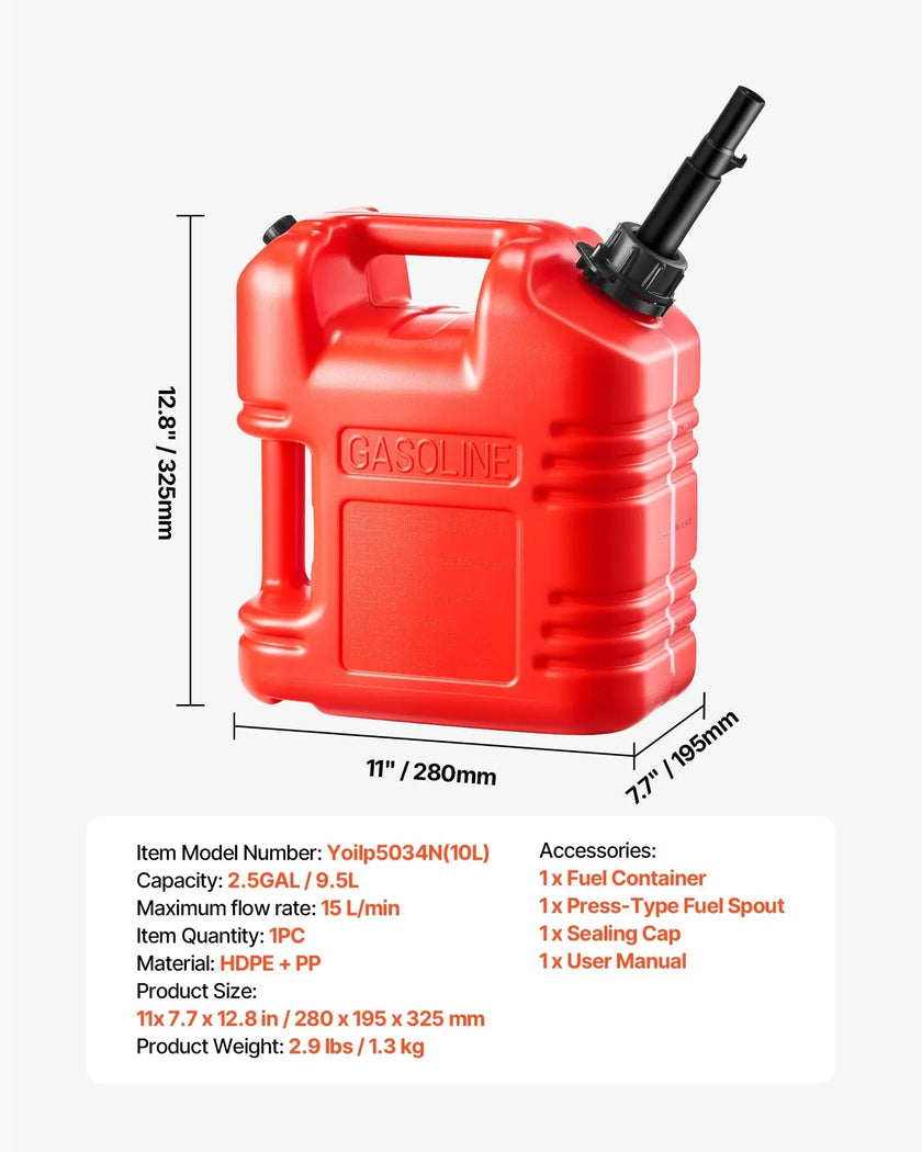 VEVOR Fuel Container, 2.5 Gallon, Gas Tank with Spout & Clear Scale, 15 L/min Max Flow Rate, Secure & Leak-proof, Portable Flat Fluid Container for Most Cars Motorcycle ATV UTV, Red, 1 Pack