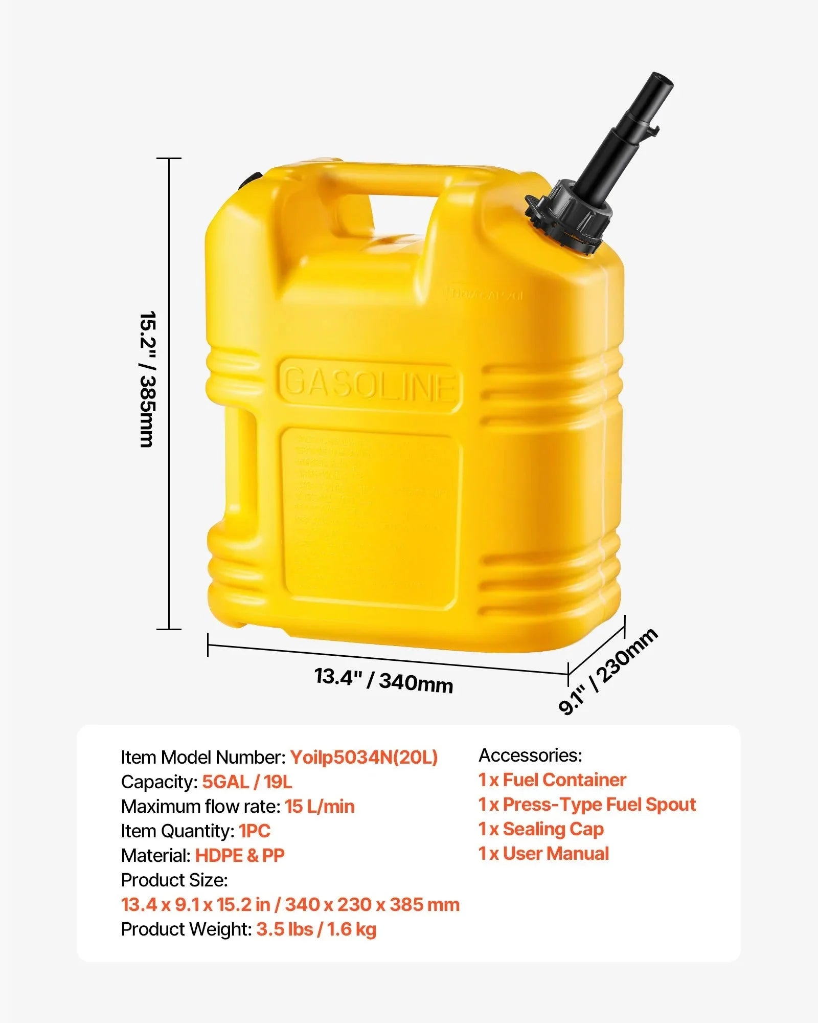 VEVOR Fuel Container, 5 Gallon, Gas Tank with Spout & Clear Scale, 15 L/min Max Flow Rate, Secure & Leak-proof, Portable Flat Fluid Container for Most Cars Motorcycle SUV ATV UTV, Yellow, 1 Pack