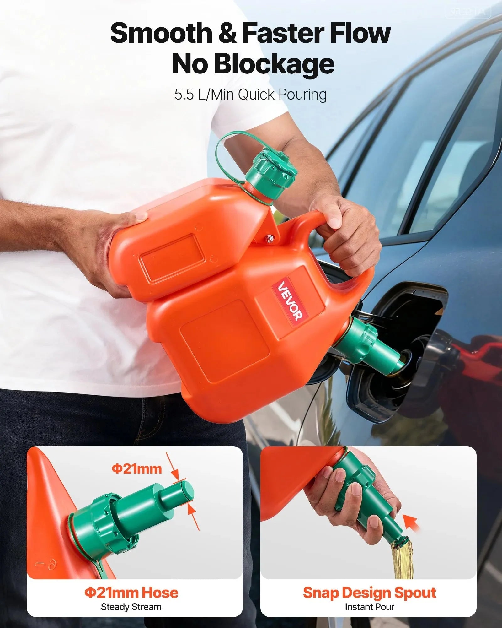 VEVOR Fuel Container, 1.6 Gallon, Fuel Tank with Spout & 0.5 Gallon Extra Oil Container, 5.5 L/min Max Flow Rate, Leak-proof and Portable Flat Fluid Container for Most Cars Motorcycle ATV UTV