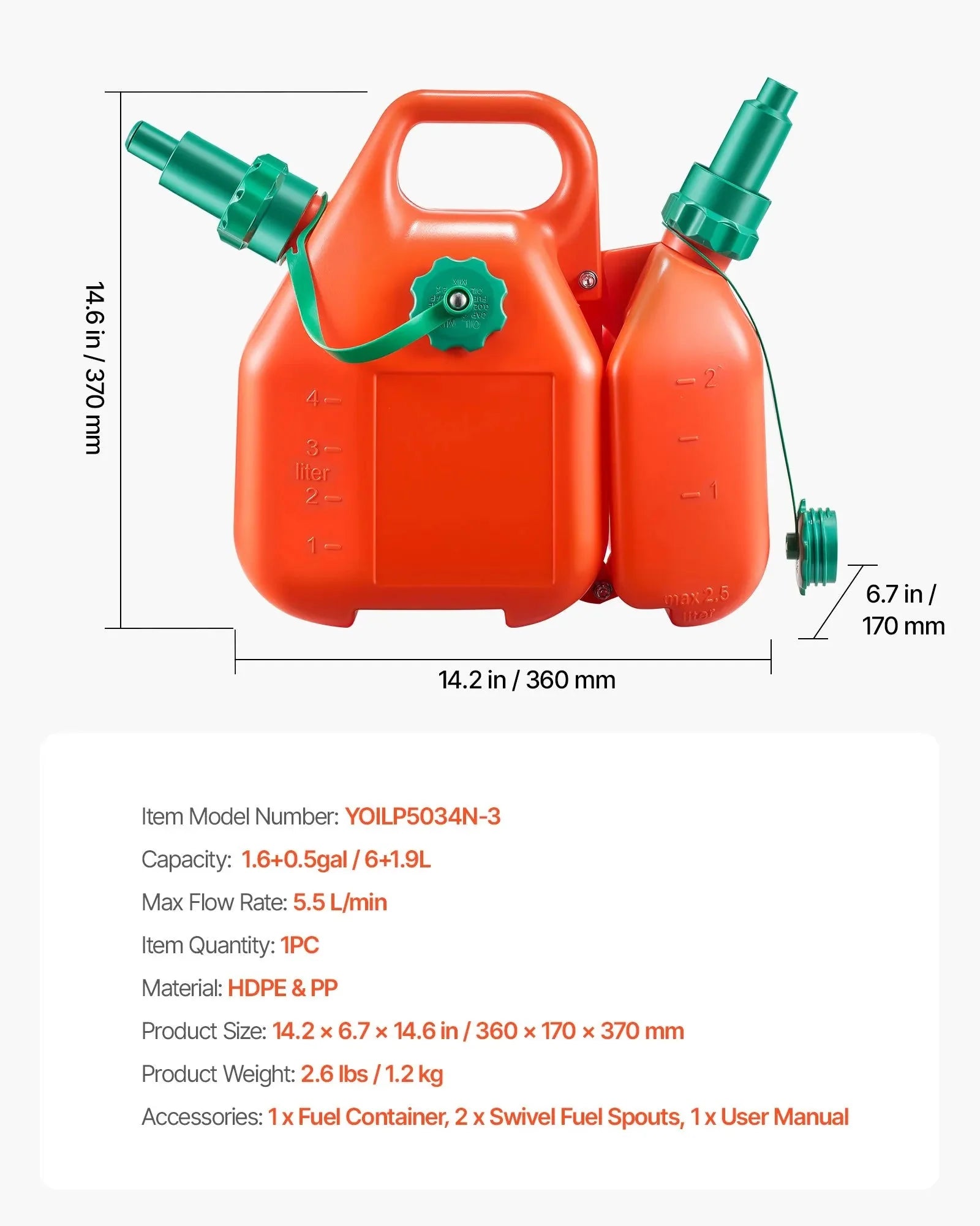 VEVOR Fuel Container, 1.6 Gallon, Fuel Tank with Spout & 0.5 Gallon Extra Oil Container, 5.5 L/min Max Flow Rate, Leak-proof and Portable Flat Fluid Container for Most Cars Motorcycle ATV UTV