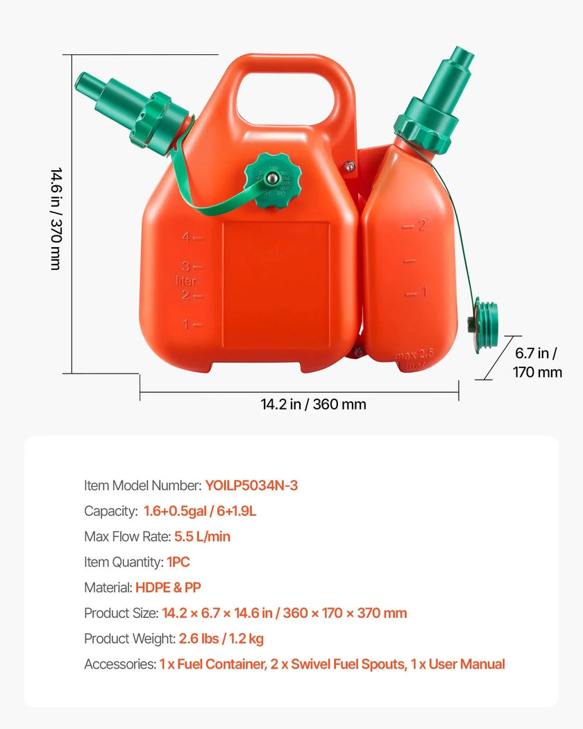 VEVOR Fuel Container, 1.6 Gallon, Fuel Tank with Spout & 0.5 Gallon Extra Oil Container, 5.5 L/min Max Flow Rate, Leak-proof and Portable Flat Fluid Container for Most Cars Motorcycle ATV UTV