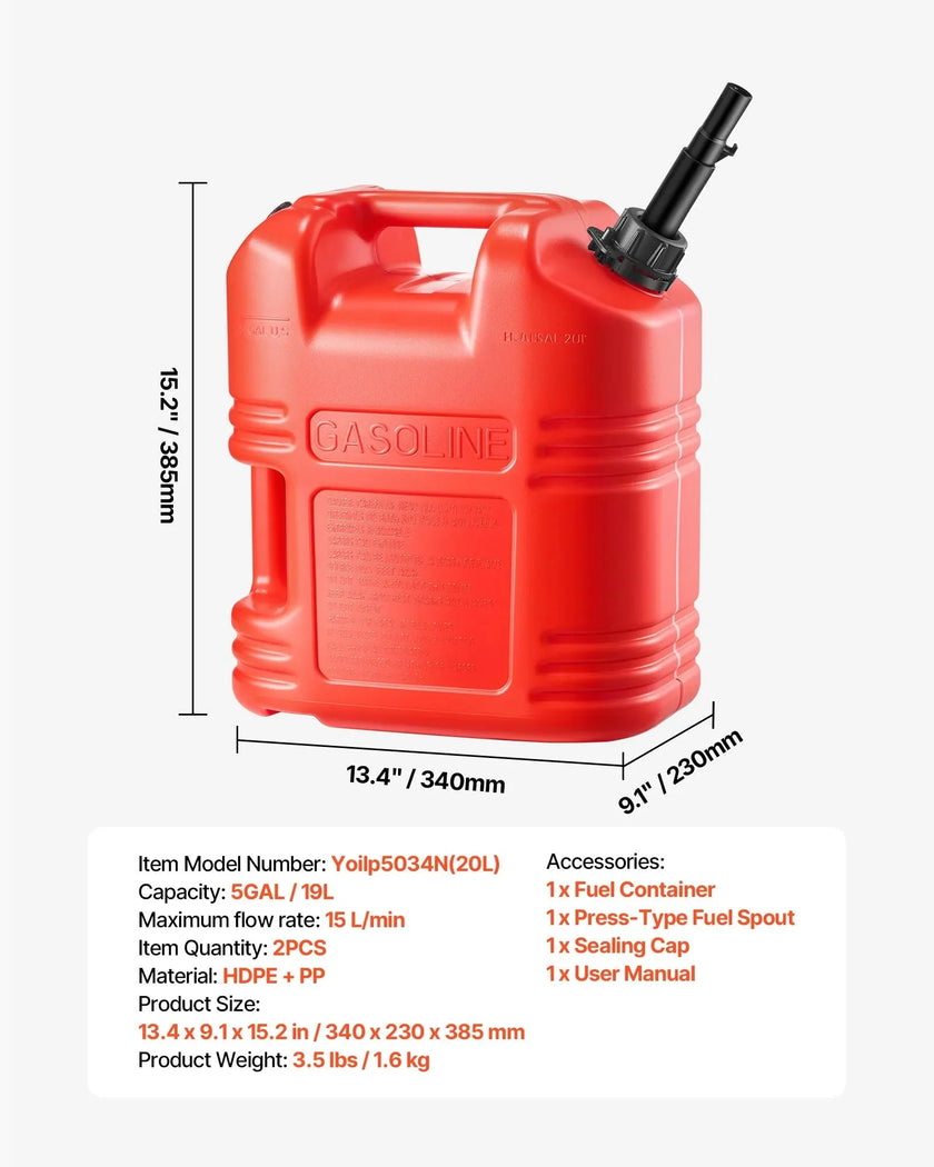 VEVOR Fuel Container, 5 Gallon, Gas Tank with Spout & Clear Scale, 15 L/min Max Flow Rate, Secure & Leak-proof, Portable Flat Fluid Container for Most Cars Motorcycle ATV UTV, Red, 2 Packs