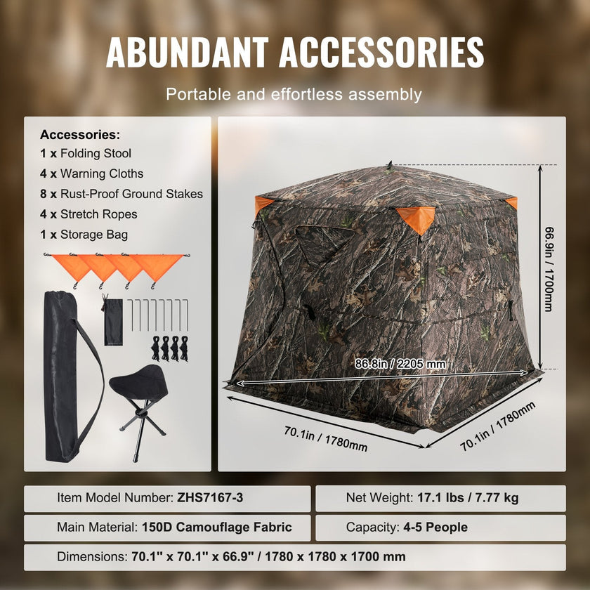 VEVOR Hunting Blind 270° See Through Ground Blind One-Way Mesh for 4-5 Person