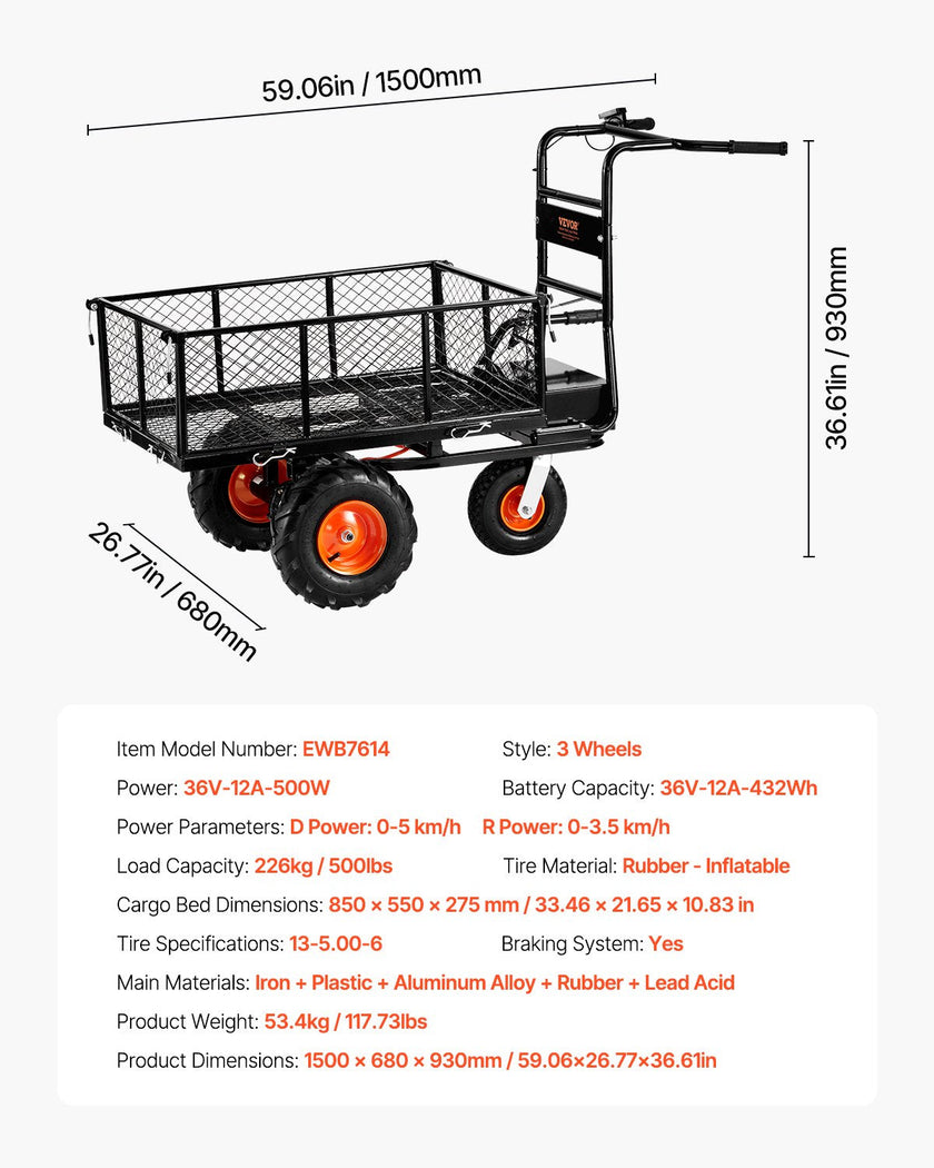 VEVOR Electric Utility Cart 500lbs Capacity Power Wagon 36V 432W Wheelbarrow