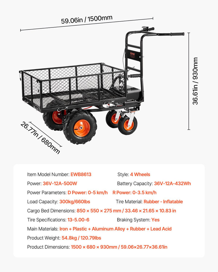 VEVOR Electric Utility Cart 660lbs Capacity Power Wagon 36V 432W Wheelbarrow