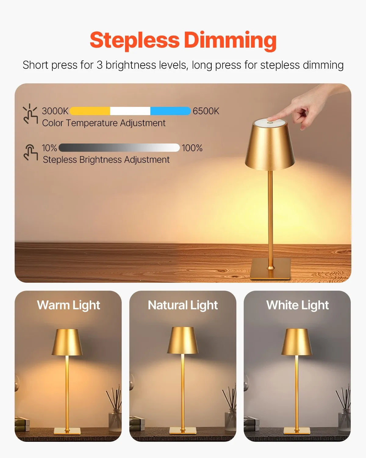VEVOR Cordless Table Lamp 2-Pack 5200mAh Rechargeable Battery Desk Lamp Gold
