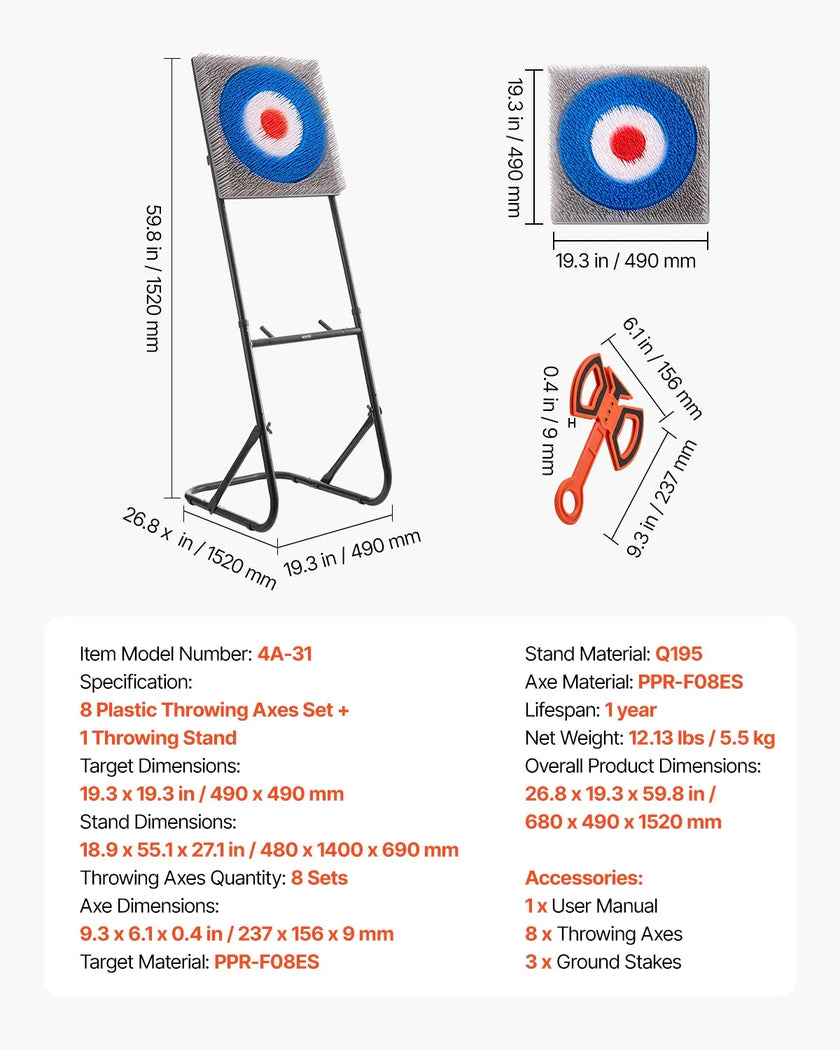 VEVOR Axe Throwing Game Plastic Bristle Target 8 Throwing Axes Set Steel Frame
