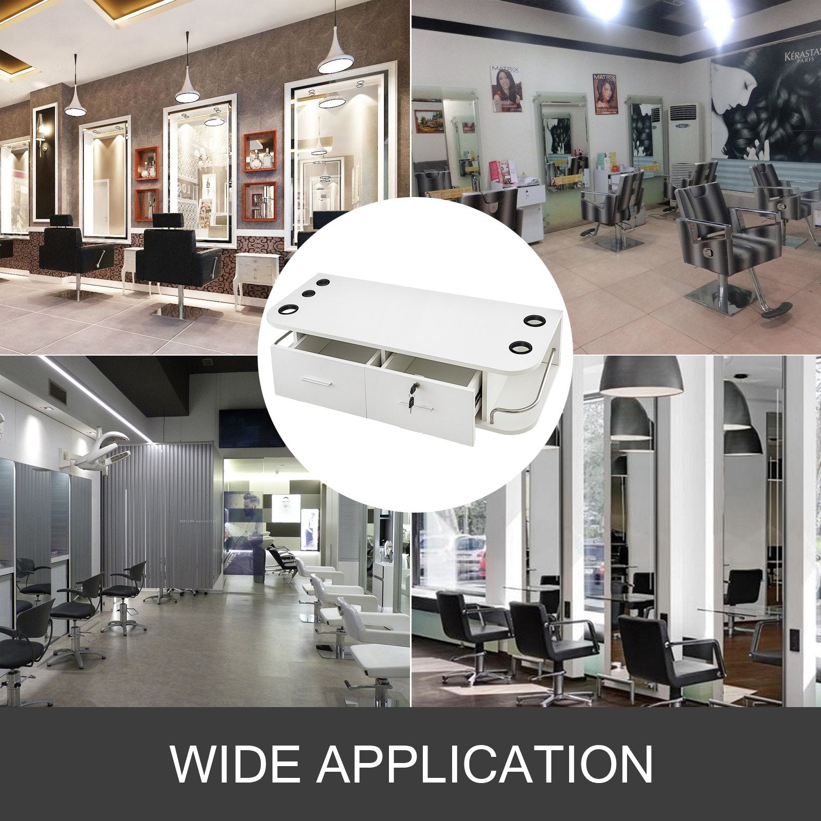 VEVOR White Wall Mount Styling Station Classic Locking 2 Drawers Storage Beauty Salon Equipment 5 Hair Dryer Holes Locking Cabinet for Beauty Salon or SPA, Barber Shop, Home & Bathroom