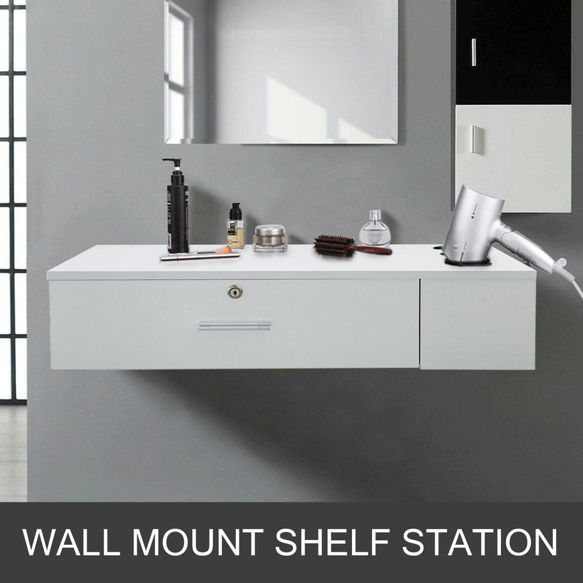VEVOR Salon Station White Salon Wall Mount Stations Salon Cabinet Wall Mount Stations Hair Styling Classic Locking Single Drawer Storage Beauty Salon Spa Equipment Barber Stations