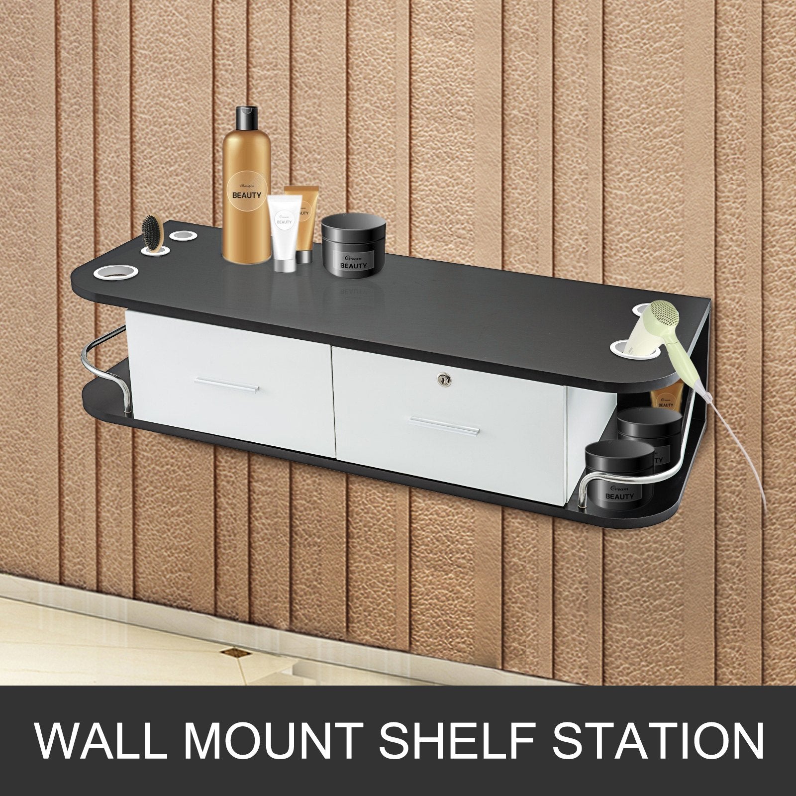 VEVOR Black Salon Wall Mount Styling Station Classic Locking 2 Drawers Storage Beauty Salon Spa Equipment Barber Station