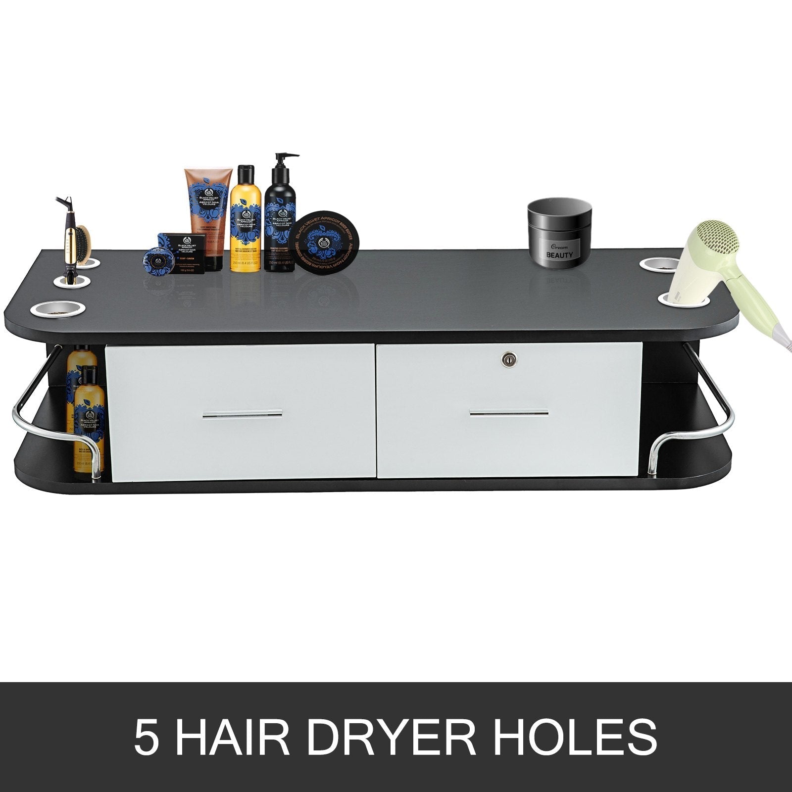 VEVOR Black Salon Wall Mount Styling Station Classic Locking 2 Drawers Storage Beauty Salon Spa Equipment Barber Station