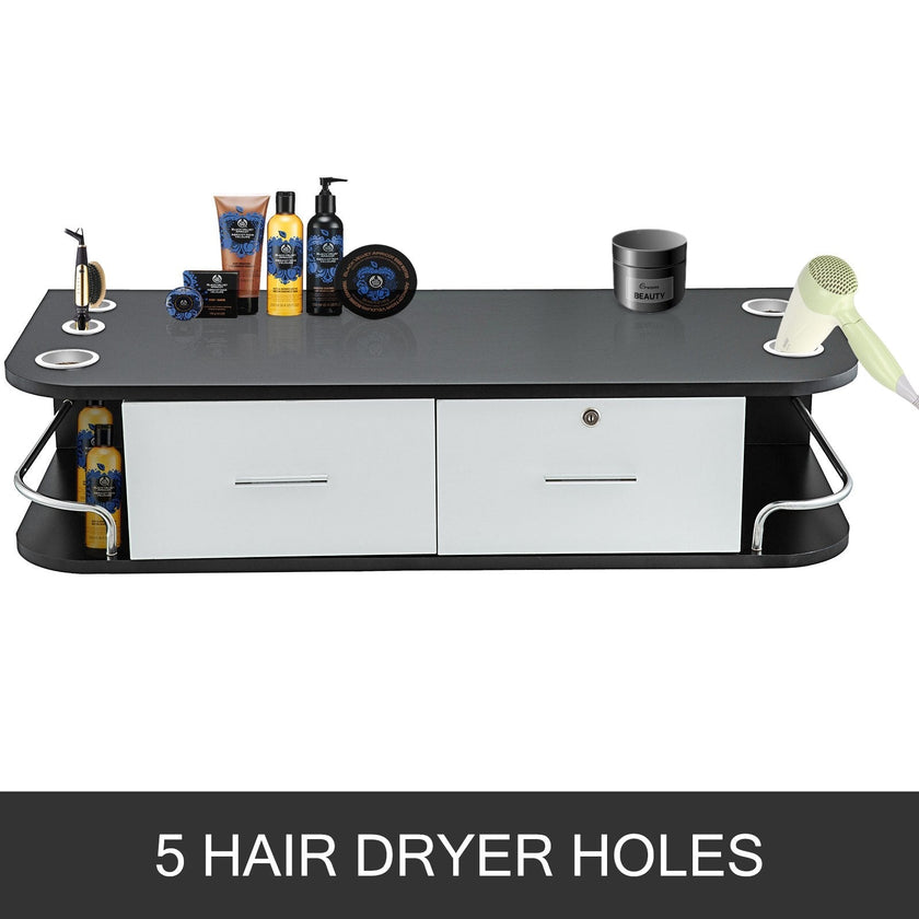 VEVOR Black Salon Wall Mount Styling Station Classic Locking 2 Drawers Storage Beauty Salon Spa Equipment Barber Station