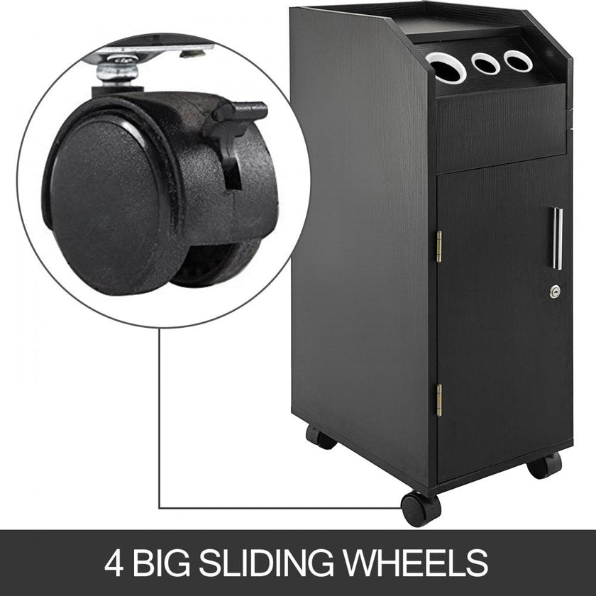 VEVOR Black Beauty Salon Trolley Storage Cart Salon SPA Trolley Cart with 4 Plastic Salon Storage Drawers Sliding Wheels 3 Hair Dryer Holes with Space-saving Side Tray Salon Stations