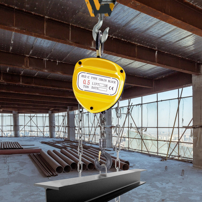VEVOR Chain Hoist 1100lbs/0.5ton, Chain Block Hoist Manual Chain Hoist 10ft/3m Block Chain Hand Chain Lifting Hoist w/Two Hooks Chain Pulley Tackle Hoist Winch Lifting Pulling Equipment in Yellow