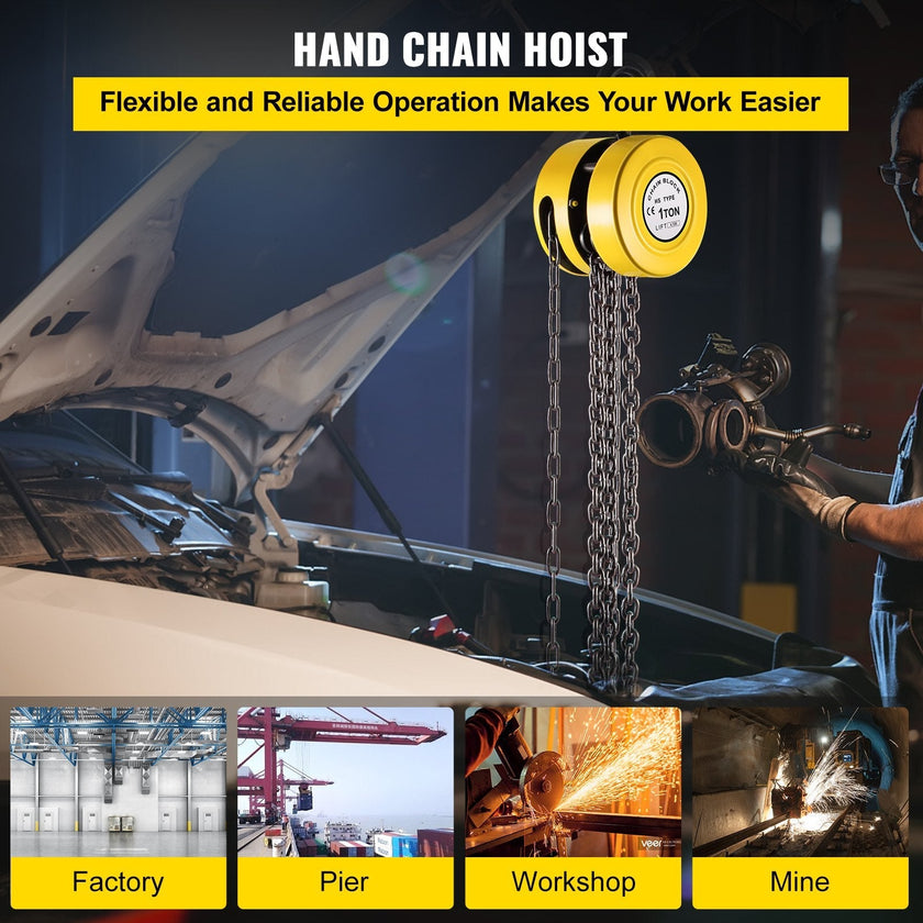 VEVOR Hand Chain Hoist, 2200 lbs /1 Ton Capacity Chain Block, 15ft/4.5m Lift Manual Hand Chain Block, Manual Hoist w/ Industrial-Grade Steel Construction for Lifting Good in Transport & Workshop, Yell