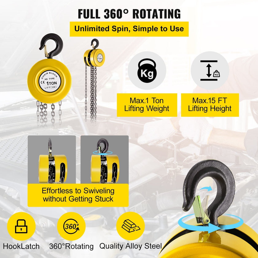VEVOR Hand Chain Hoist, 2200 lbs /1 Ton Capacity Chain Block, 15ft/4.5m Lift Manual Hand Chain Block, Manual Hoist w/ Industrial-Grade Steel Construction for Lifting Good in Transport & Workshop, Yell
