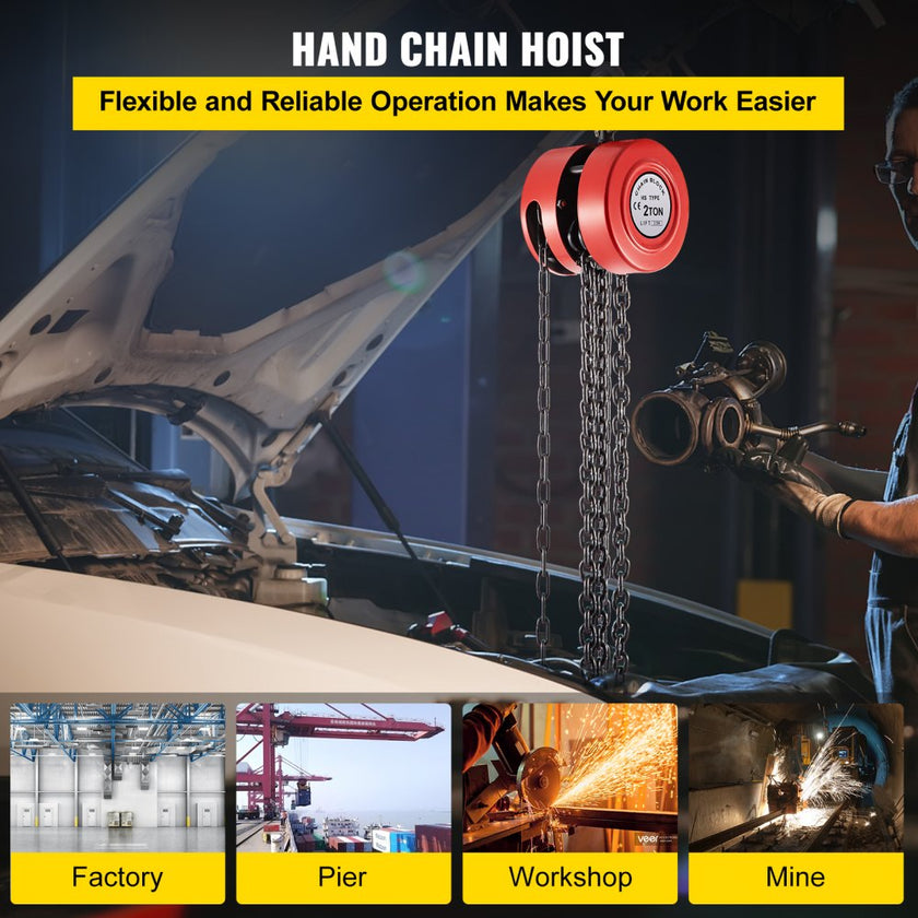 VEVOR Hand Chain Hoist, 4400 lbs /2 Ton Capacity Chain Block, 8ft/2.5m Lift Manual Hand Chain Block, Manual Hoist w/ Industrial-Grade Steel Construction for Lifting Good in Transport & Workshop, Red