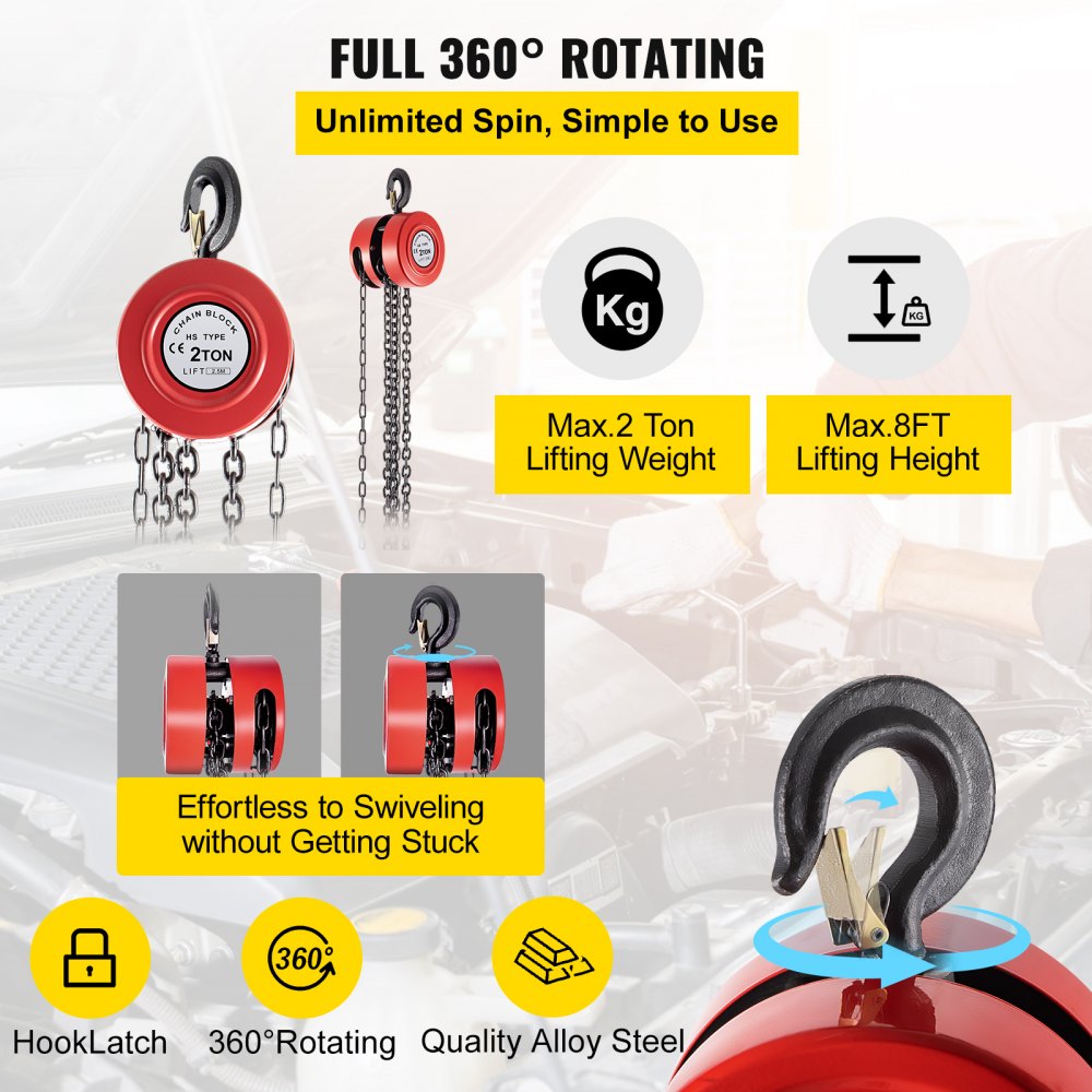 VEVOR Hand Chain Hoist, 4400 lbs /2 Ton Capacity Chain Block, 8ft/2.5m Lift Manual Hand Chain Block, Manual Hoist w/ Industrial-Grade Steel Construction for Lifting Good in Transport & Workshop, Red