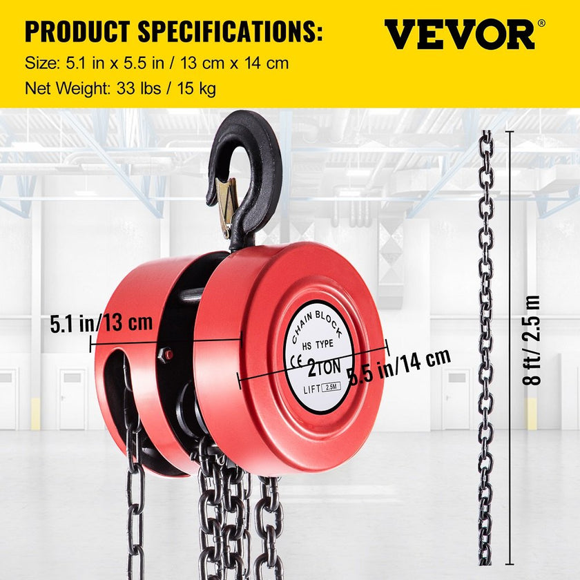 VEVOR Hand Chain Hoist, 4400 lbs /2 Ton Capacity Chain Block, 8ft/2.5m Lift Manual Hand Chain Block, Manual Hoist w/ Industrial-Grade Steel Construction for Lifting Good in Transport & Workshop, Red