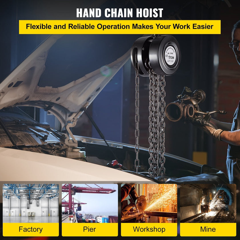 VEVOR Hand Chain Hoist, 2200 lbs /1 Ton Capacity Chain Block, 10ft/3m Lift Manual Hand Chain Block, Manual Hoist w/ Industrial-Grade Steel Construction for Lifting Good in Transport & Workshop, Black