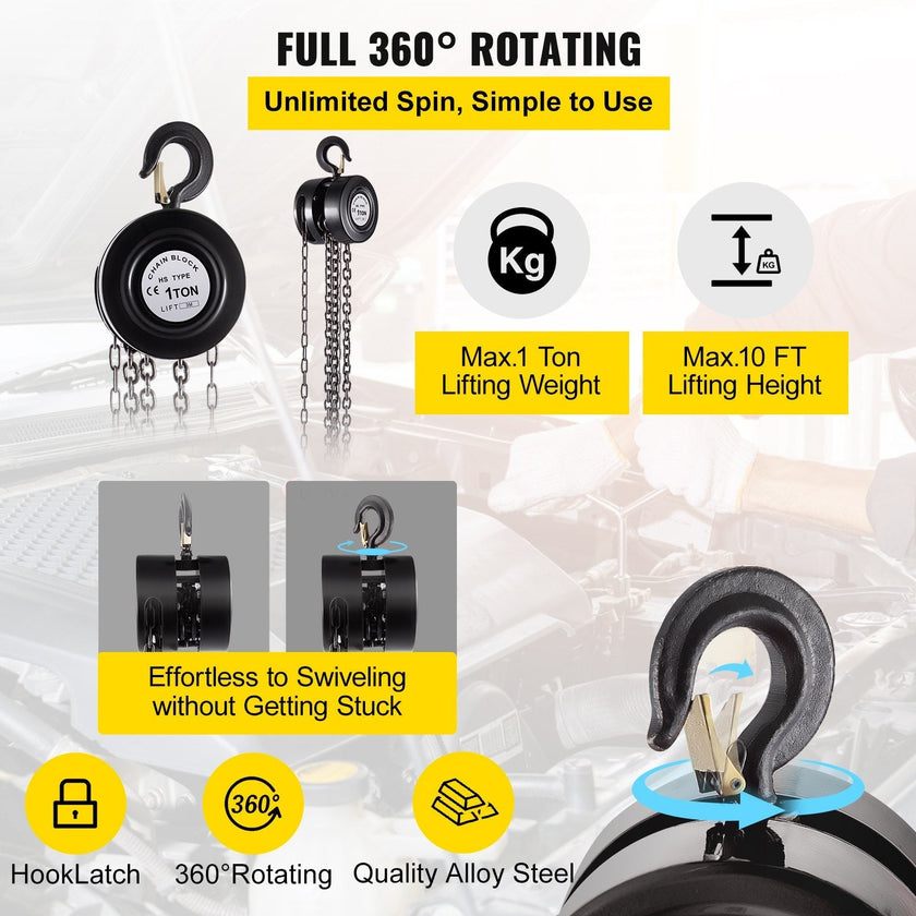 VEVOR Hand Chain Hoist, 2200 lbs /1 Ton Capacity Chain Block, 10ft/3m Lift Manual Hand Chain Block, Manual Hoist w/ Industrial-Grade Steel Construction for Lifting Good in Transport & Workshop, Black