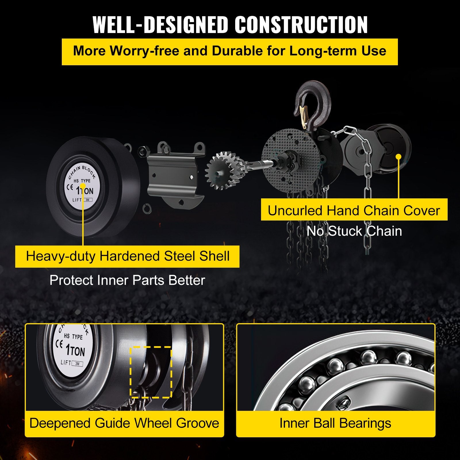 VEVOR Hand Chain Hoist, 2200 lbs /1 Ton Capacity Chain Block, 10ft/3m Lift Manual Hand Chain Block, Manual Hoist w/ Industrial-Grade Steel Construction for Lifting Good in Transport & Workshop, Black