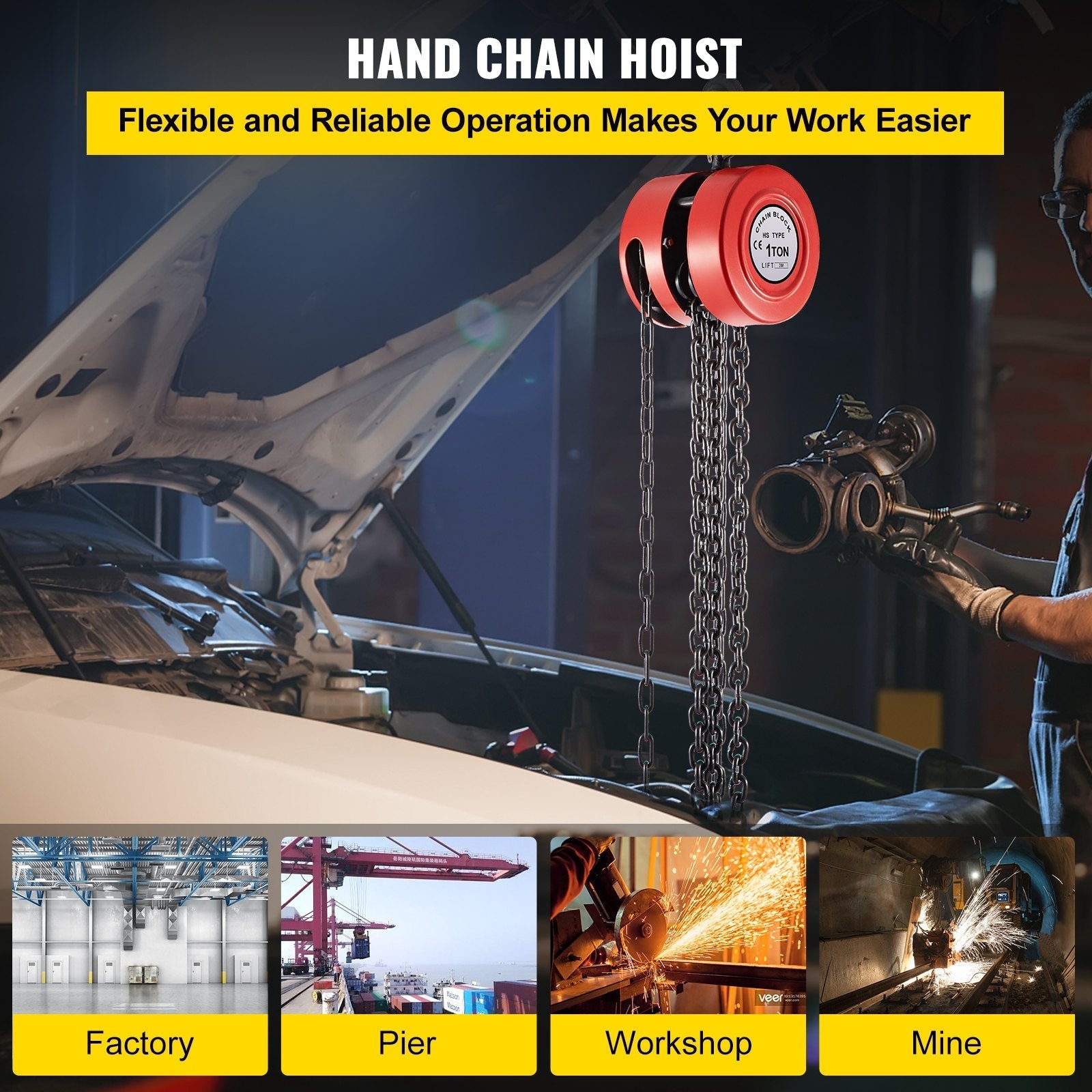 VEVOR Hand Chain Hoist, 2200 lbs /1 Ton Capacity Chain Block, 10ft/3m Lift Manual Hand Chain Block, Manual Hoist w/ Industrial-Grade Steel Construction for Lifting Good in Transport & Workshop, Red