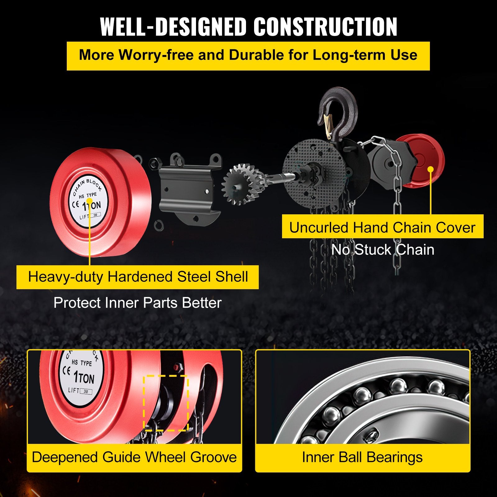 VEVOR Hand Chain Hoist, 2200 lbs /1 Ton Capacity Chain Block, 10ft/3m Lift Manual Hand Chain Block, Manual Hoist w/ Industrial-Grade Steel Construction for Lifting Good in Transport & Workshop, Red