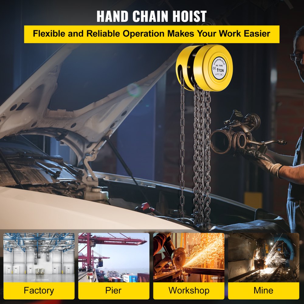 VEVOR Hand Chain Hoist, 2200 lbs /1 Ton Capacity Chain Block, 20ft/6m Lift Manual Hand Chain Block, Manual Hoist w/ Industrial-Grade Steel Construction for Lifting Good in Transport & Workshop, Yellow
