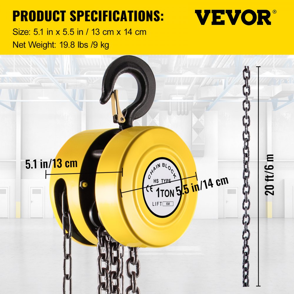 VEVOR Hand Chain Hoist, 2200 lbs /1 Ton Capacity Chain Block, 20ft/6m Lift Manual Hand Chain Block, Manual Hoist w/ Industrial-Grade Steel Construction for Lifting Good in Transport & Workshop, Yellow