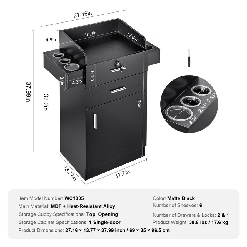 VEVOR Salon Storage Cabinet, Barber Salon Station for Hair Stylist, Hair Stylist Station Set, with 6 Sleeves, 1 Storage Cabinet, and 2 Drawers(One Lockable), Black