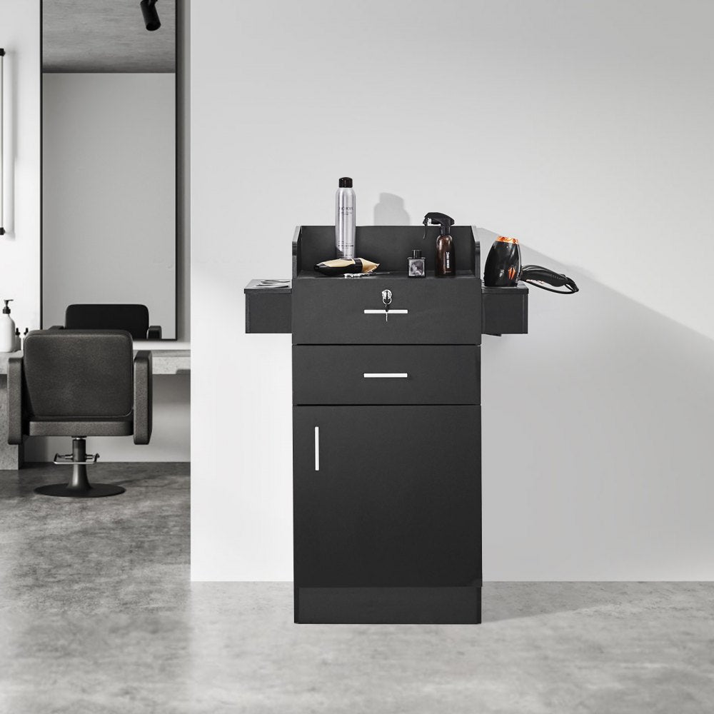 VEVOR Salon Storage Cabinet, Barber Salon Station for Hair Stylist, Hair Stylist Station Set, with 6 Sleeves, 1 Storage Cabinet, and 2 Drawers(One Lockable), Black