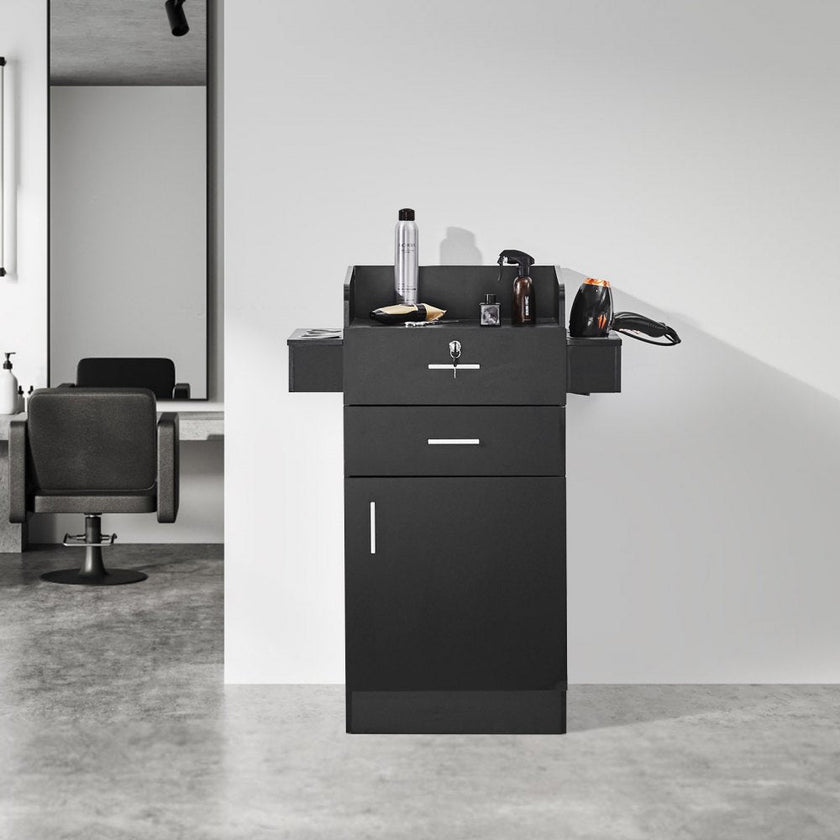 VEVOR Salon Storage Cabinet, Barber Salon Station for Hair Stylist, Hair Stylist Station Set, with 6 Sleeves, 1 Storage Cabinet, and 2 Drawers(One Lockable), Black