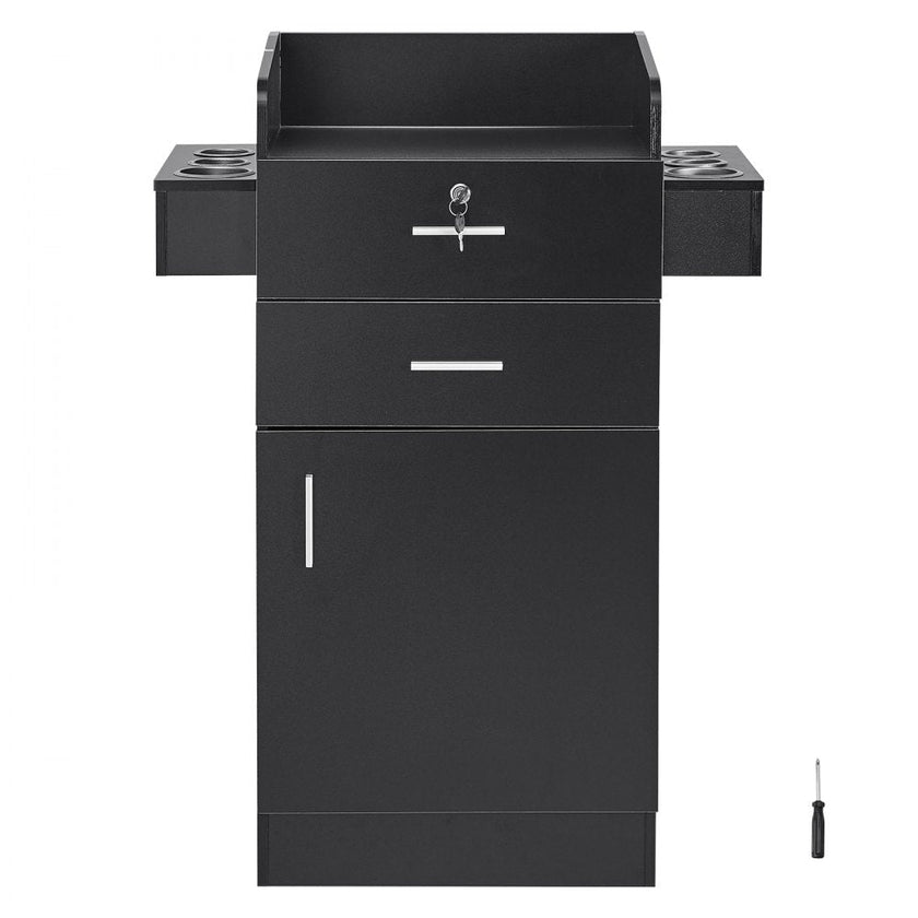 VEVOR Salon Storage Cabinet, Barber Salon Station for Hair Stylist, Hair Stylist Station Set, with 6 Sleeves, 1 Storage Cabinet, and 2 Drawers(One Lockable), Black