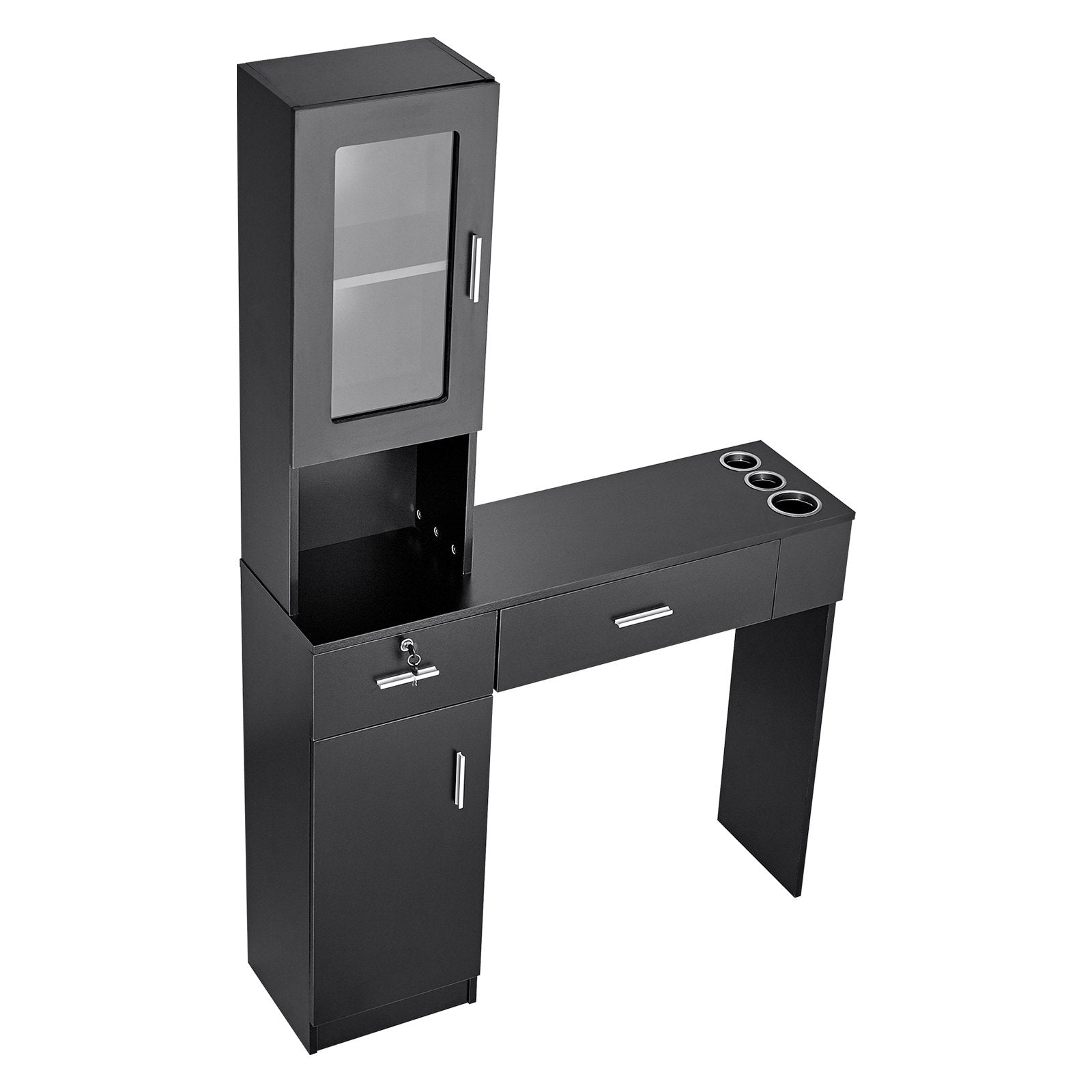 VEVOR Salon Station, Wall Mount Barber Salon Station for Hair Stylist, Beauty Spa Furniture Set, 1 Storage Cabinet, 3 Cubbies and 2 Drawers(One Lockable), Black