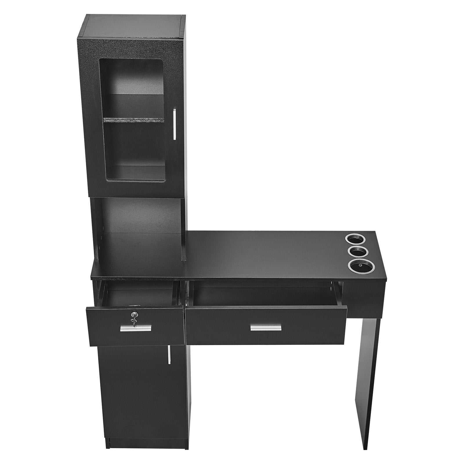 VEVOR Salon Station, Wall Mount Barber Salon Station for Hair Stylist, Beauty Spa Furniture Set, 1 Storage Cabinet, 3 Cubbies and 2 Drawers(One Lockable), Black