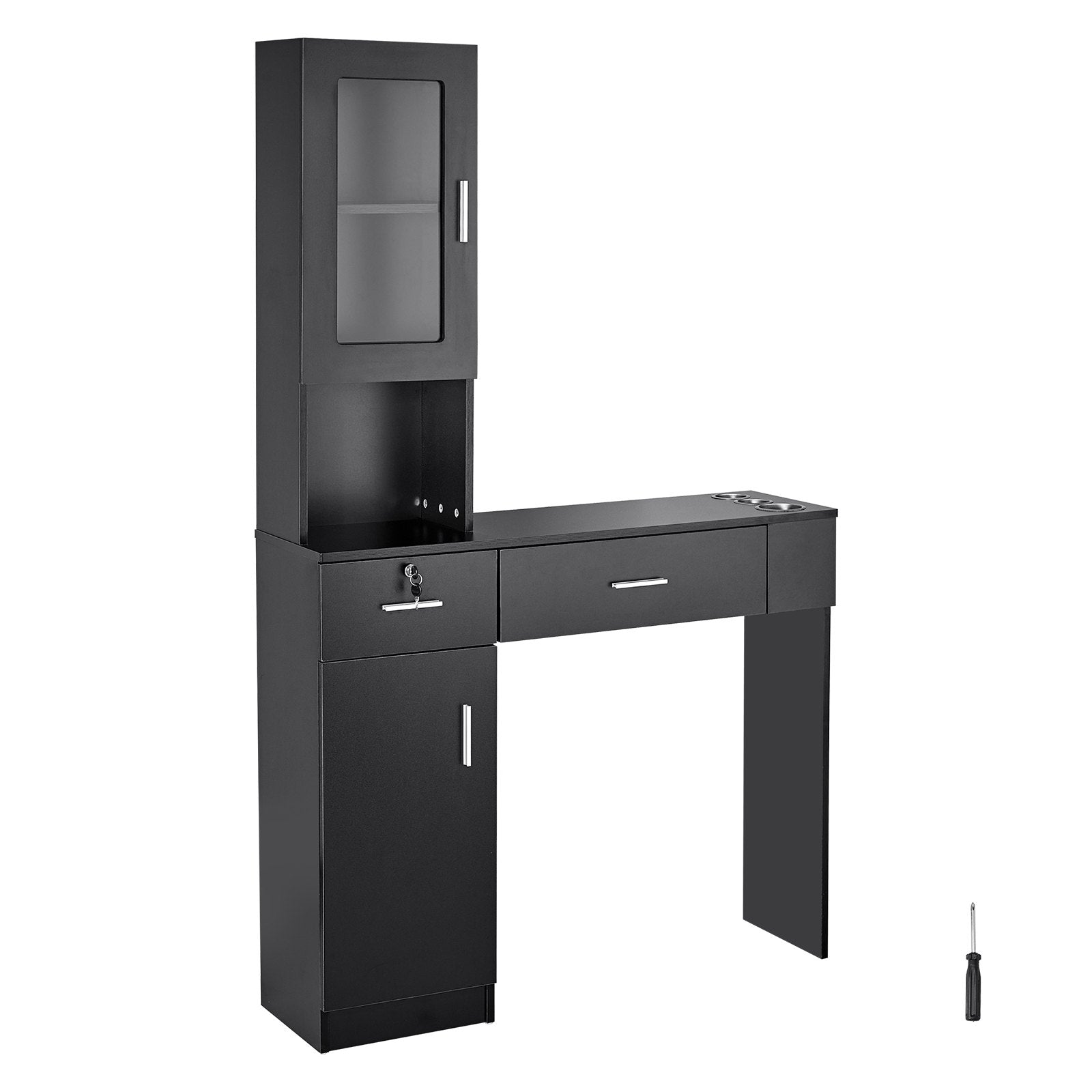 VEVOR Salon Station, Wall Mount Barber Salon Station for Hair Stylist, Beauty Spa Furniture Set, 1 Storage Cabinet, 3 Cubbies and 2 Drawers(One Lockable), Black