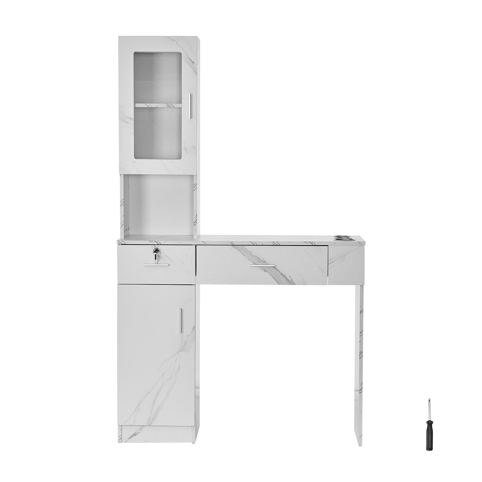 VEVOR Salon Station, Wall Mount Barber Salon Station for Hair Stylist, Beauty Spa Furniture Set, 1 Storage Cabinet, 3 Cubbies and 2 Drawers(One Lockable), White