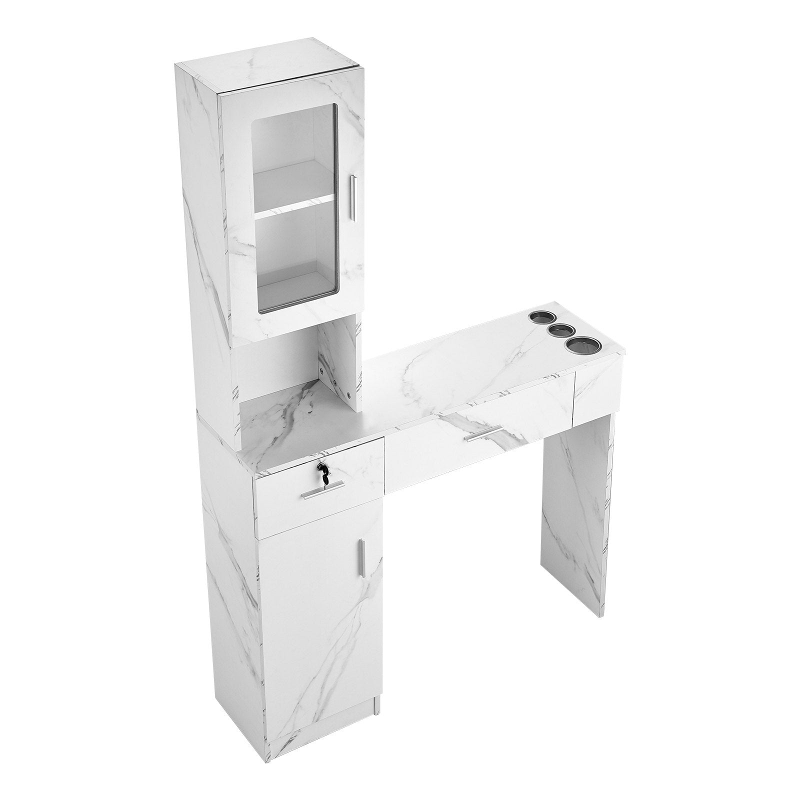 VEVOR Salon Station, Wall Mount Barber Salon Station for Hair Stylist, Beauty Spa Furniture Set, 1 Storage Cabinet, 3 Cubbies and 2 Drawers(One Lockable), White