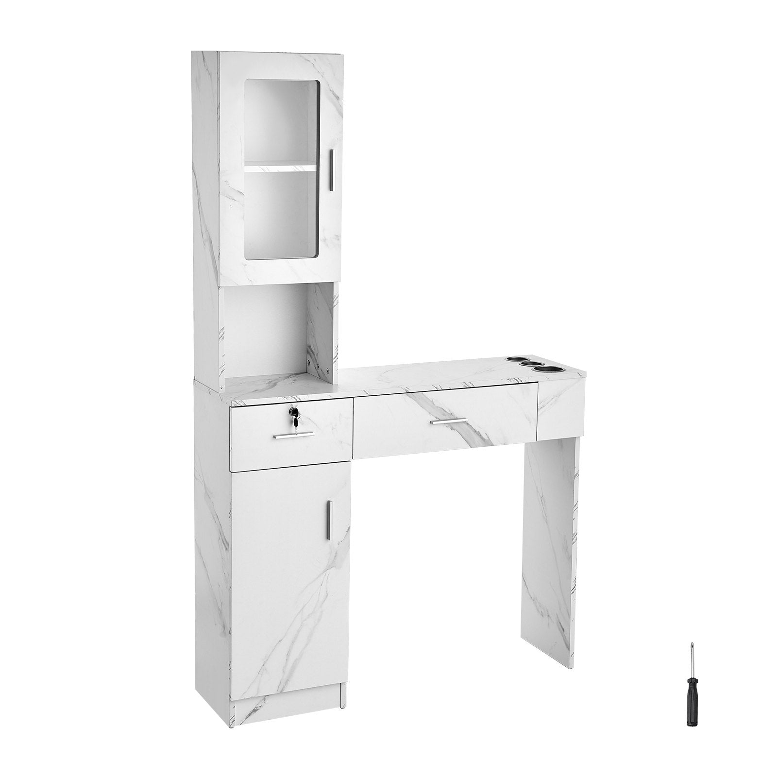 VEVOR Salon Station, Wall Mount Barber Salon Station for Hair Stylist, Beauty Spa Furniture Set, 1 Storage Cabinet, 3 Cubbies and 2 Drawers(One Lockable), White